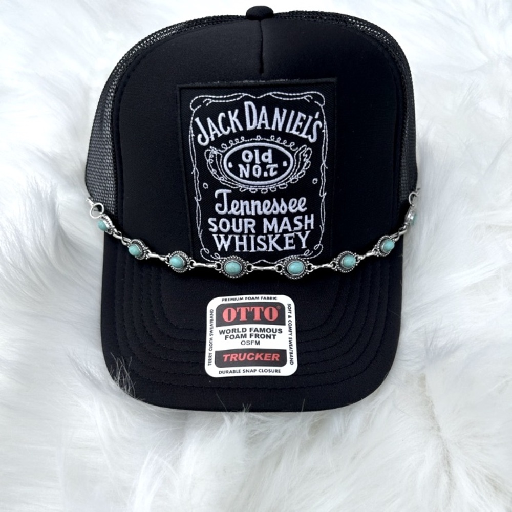 Custom Black Jack Daniel's SnapBack Trucker Hat with Removable Turquoise Chain